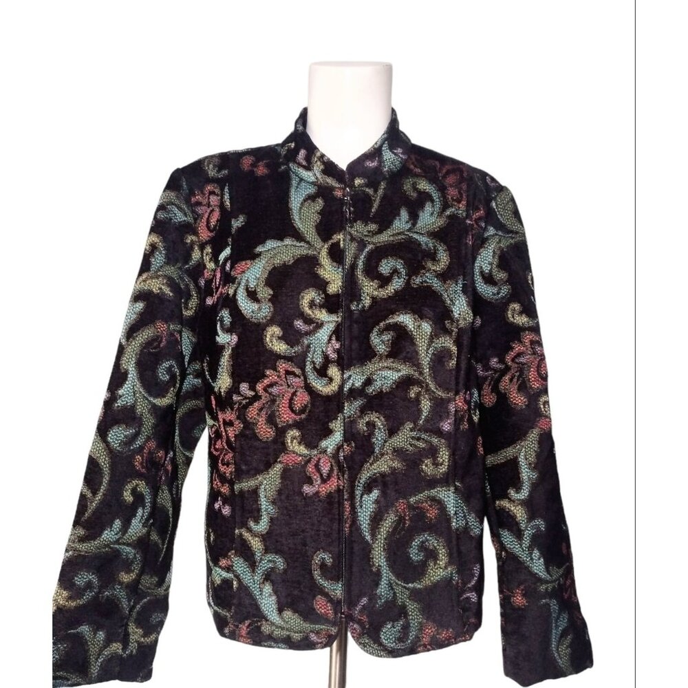 Molly + Maxx Damask Tapestry Jacket Blazer Women's L Petite Artsy Zip Mandarin